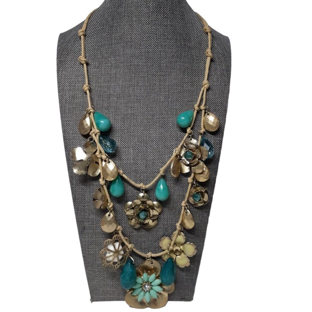 Boho Hippie Festival Necklace Mixed Materials Copper Flowers Rhinestone Enameled